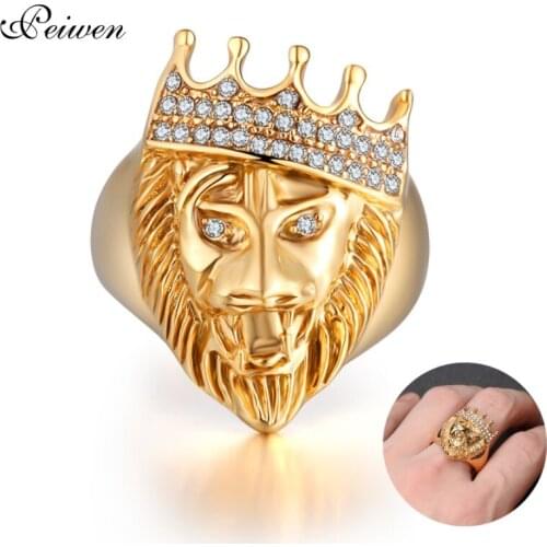 New Gold Color King Lion 's Head and Crown Ring Stainless Steel Men Hip Hop Punk Animal Shape CZ Crystal Ring Male Jewelry Gifts