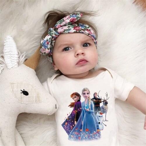 Newborn Baby Clothing 2021 Summer Baby Bodysuit Elsa Anna Frozen Cartoon Movie White Kids Jumpsuits Baby Boy Girl Clothes 0-24M
