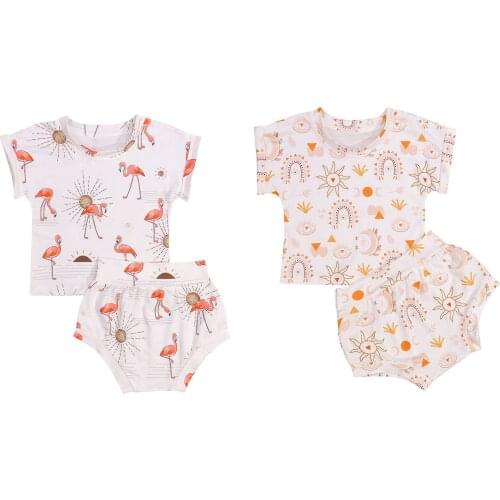 FOCUSNORM 2pcs Summer Causal Baby Girls Boys Clothes Sets Sleepwear Flamingo/Floral Printed T Shirts Tops Shorts 2pcs