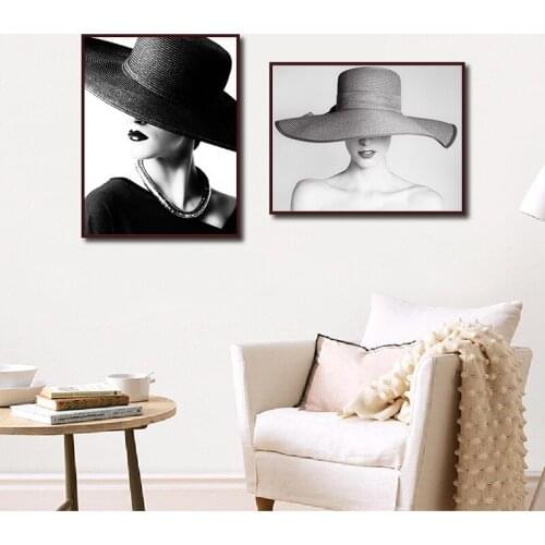 Woman with Hat Black White Fashion Photo Posters and Prints Beautiful Elegant Female Portrait Canvas Painting Wall Picture Decor
