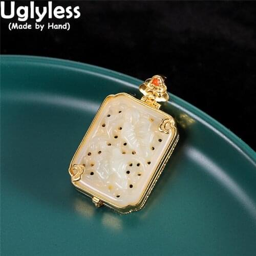 Uglyless Opening Sachet Square Box Pendants for Women Hollow Lotus Flowers Jade Necklaces NO Chain 925 Silver Photo Folder Jewel