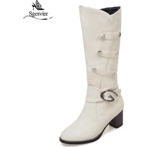 Sgesvier Women Knee High Boots Soft PU Leather Metal Decoration Square Heel High Heels Thigh High Boots Winter Long Boots G594