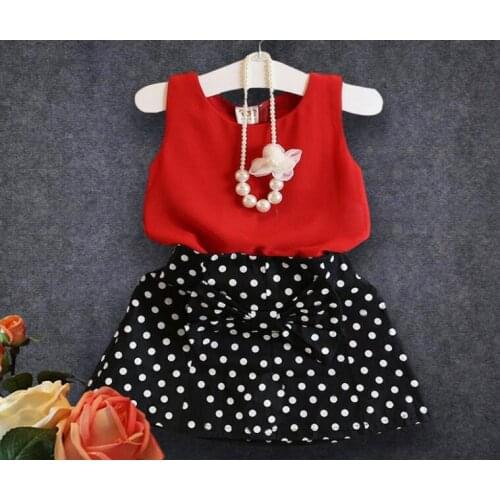 Sweet girls wear Fashionable polka dots skirts set Red shirt Dots dress with bowknot New Year Gift dress set
