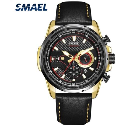SMAEL Fashion Sport Mens Watches Leather Strap Waterproof Chronograph Quartz Watch Men Military Luxury Mens Analog Wrist Watch