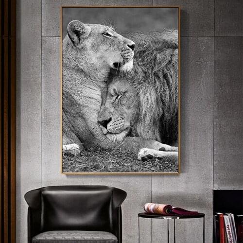 Modern Black and White Africa Lion Canvas Painting Animal Family Posters and Prints Wall Art Pictures for Living Room Decoration