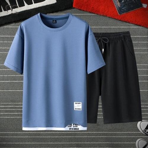Tracksuit Men Fashion T Shirts Men Suits Solid Fake Two Pieces Sets Mens Tshirts+Sweatpants Summer Sportswear Male Track Suit