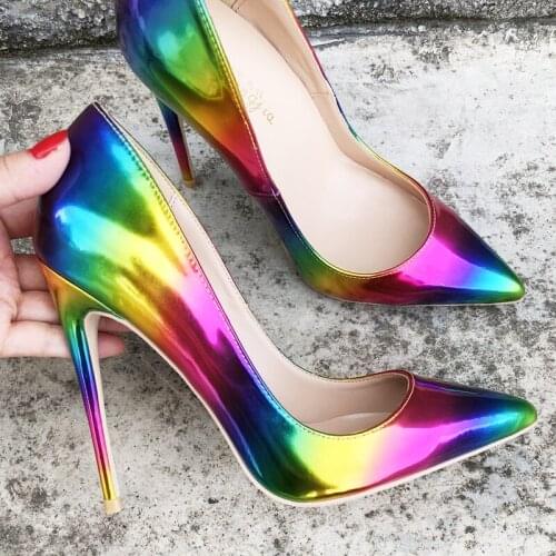 Fashion free shipping Women lady Rainbow Patent leather Poined Toe Stiletto high heel pump HIGH-HEELED SHOES Wedding shoes