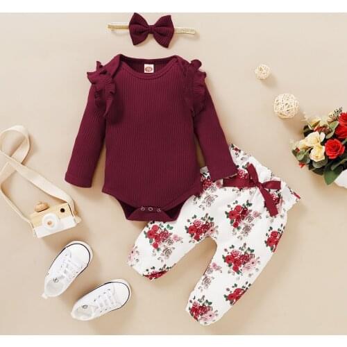 Newborn Girls Spring Outfits Baby Girl Clothes Solid Green Pink Ruffles Long Sleeve Romper Floral Print Pants Headband Set