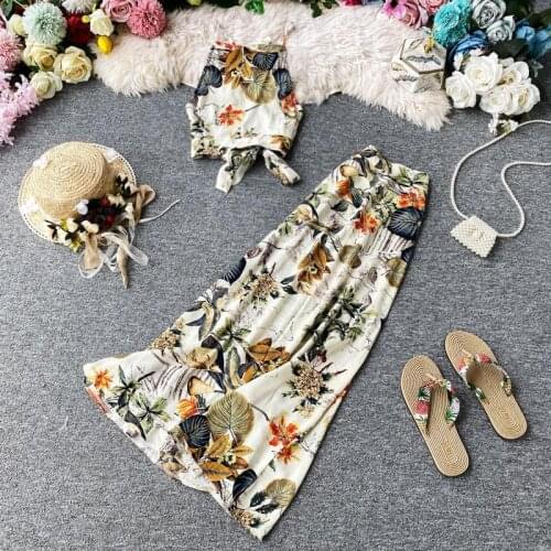 Women 2021 Summer Sets Female Vacation Style Printed Short Camisole Pleated + High-waist Wide-leg Pants Two-piece Casual Set Y10