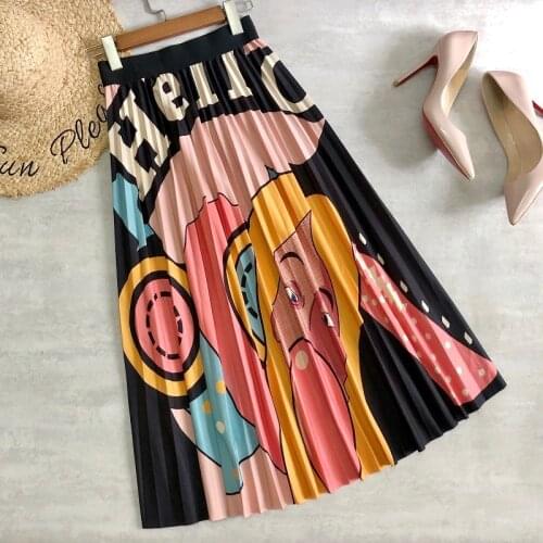 Women Midi Skirts Funny Character Cartoon Printing Cotton Pleated Skirts Soft Constra Color Girls Daily Casual Long Skirts