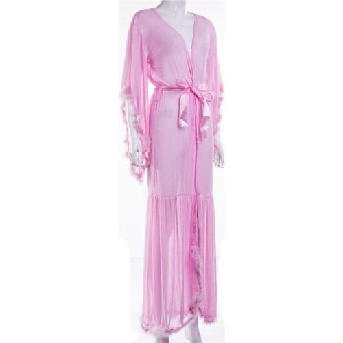 Women Long Sleeve Plush Robe Luxury Kimono See Through Extra Long Babydoll Nightgown Dress
