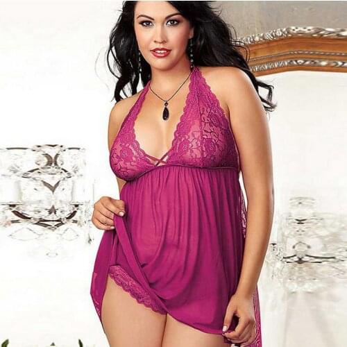 M-4XL Plus Size Sexy Lingerie Lace Purple Erotic Costume Halter Nightdress Lenceria Sexi Para Mujer Sexy Negligees Thong WL178