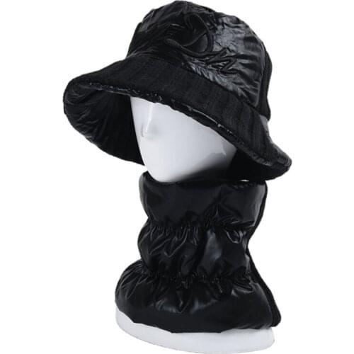 Unisex Winter 2Pcs Bucket Circle Scarf Set Shiny Metallic Knit Letters Embroidery Fisherman Cap Plush Lined Neck Warmer