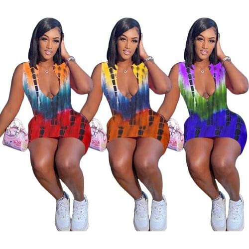 ZKYZWX Sexy Tie Dye Bodycon Dress Sleeveless Zipper Birthday Outfits for Women Party Clubwear 2021 Summer Ladies Mini Dresses