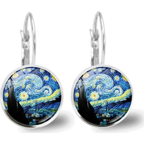 1 Pair Van Gogh Painting Ear Studs Starry Night Ear Studs Van Gogh Round Jewelry Glass Dome Earrings