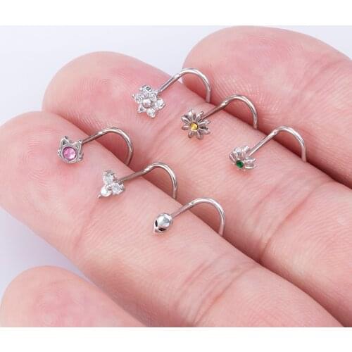 1pc Nose Stud Stainless Steel CZ Crystal Nose Rings Piercing Nostril Screws Nariz Studs for Women L Shape Body Jewelry Gift 20G