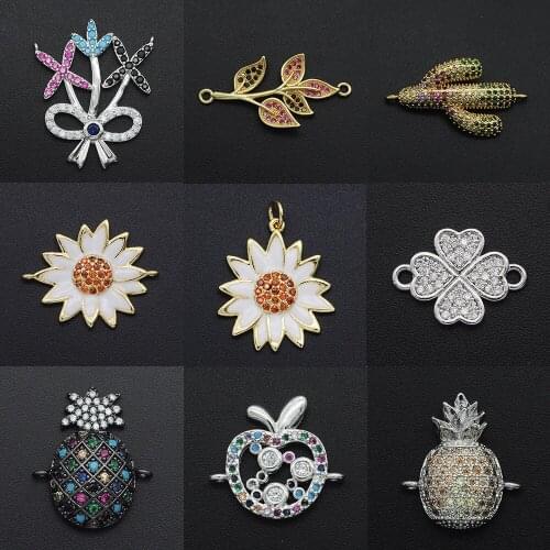 2020 Diy Pineapple CZ Charms Wholesale Cactus Necklace Pendant Zircon Apple Connector For Jewelry Sunflower Making