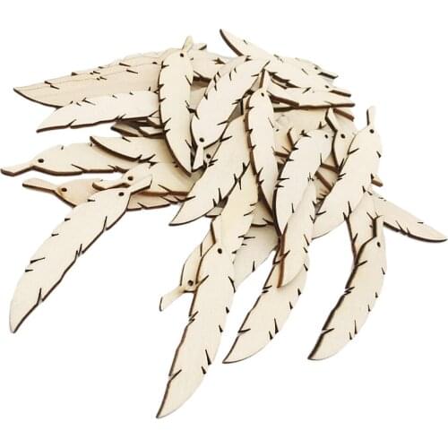 50 Pieces Natural Unfinished Wood Feathers Shape Wooden Pieces Embellishment with Hole for DIY Craft