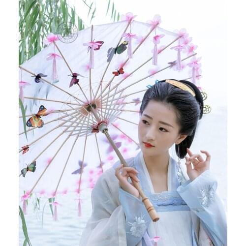 Antique Romantic Aestheticism Ice Silk Tassels Beads Butterfly Petal Silk Umbrella Photography paraguas parasol ombrello paraplu