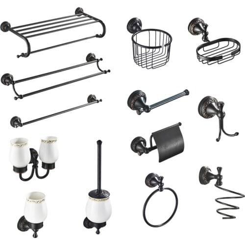 AUAWIND Modern Bathroom Accessories Toilet Brush Holder Solid Brass Bath Hardware Sets Soap Dish Retro Black Basket Paper Holder