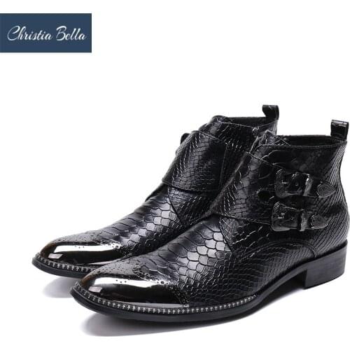 Christia Bella Handmade Men Short Boots Metal Tip Toe Black Leather Short Boots Male Work Safety Cowboy Boots Men botas hombre