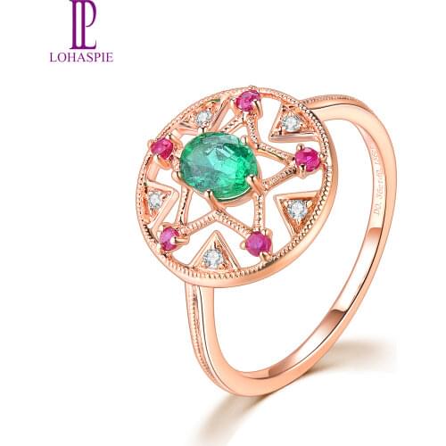 LP Diamond Jewelry 18K Rose Gold Natural Precious Emerald Real Ruby Diamond Engagement Finger Ring for Women Christmas Gif