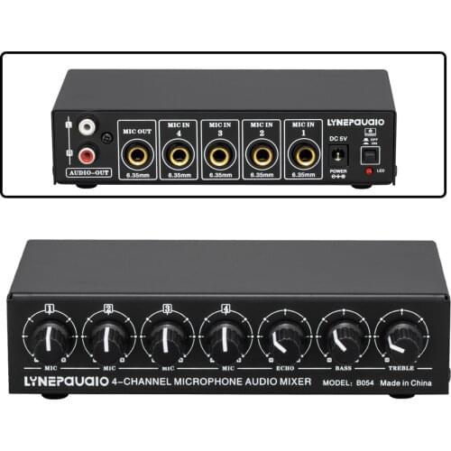 Mini 4-Way Microphone Audio Mixer Stereo Multi-Channel Mixer Low-Noise Black