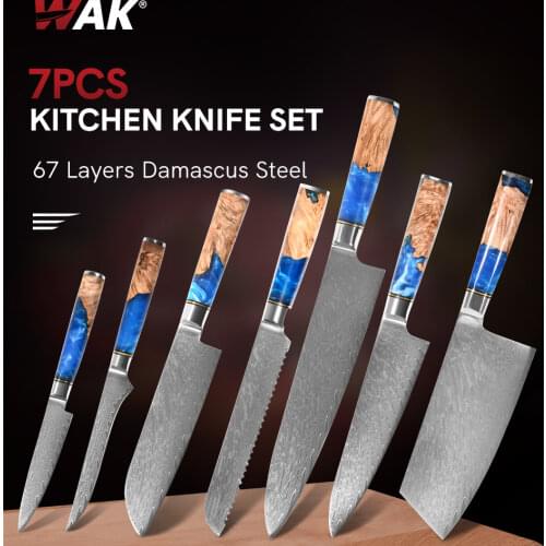 WAK Professional Damascus Steel Chef Knife Set Boning Utility Bread Knife Blue Resin Wood Handle Cooking Tool Kitchen Knives Set