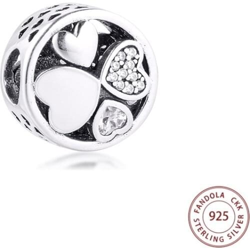 Genuine 925 Sterling Silver Charm Hearts of Love Clear CZ Beads for Jewelry Making Fits Original Charms Bracelet Berloque