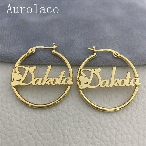AurolaCo Custom Name Hoop Earrings Stainless Steel Customize Name Earrings Big Hoop Name Earrings For Women Gifts