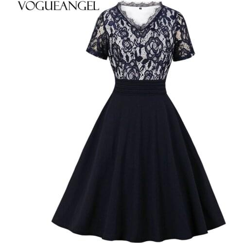 VogueAngel Cadetblue Lace Patchwork Summer Dress Women Elegant Vintage Party Dress Casual Office Ladies Work Dress Plus Size 2XL