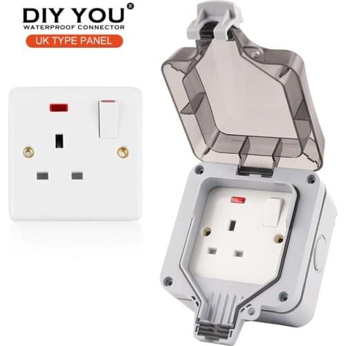 IP66 UK Standard Outdoor Waterproof Wall Switch Socket With Light Power Socket For Workshop Home Garden 13A Outlet Grounded 250V