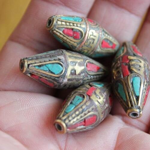 BD240 Vintage Handmade Beads Brass Inlaide Colorful Stone Six Words Mantra 31*13mm Big Diy Beads 4 Beads Lot