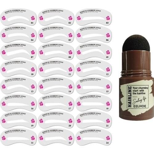 Waterproof Eyebrow Powder Mold Set 1Pc Eyebrow Powder + 24Pcs Brow Template Eyebrow Stamp Women Makeup Tools Sets