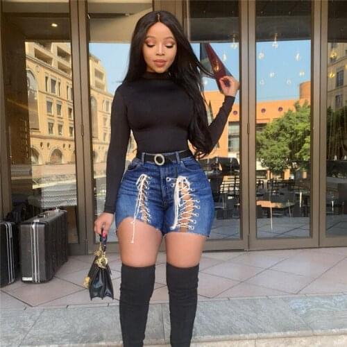 Wsevypo Bandage Hollow High-waist Denim Shorts Women’s Fashion Skinny Jeans Bottoms Casual Vintage Button Pencil Shorts S-XXXL