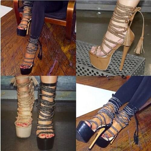 Hot selling open toe cut-outs strappy high platform sandal shoes woman fashion tassels ankle lace up higih heel sandals