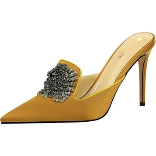 2021 Luxury Women 10.5cm Hig Heels Slides Party Mules Female Gold Silver Heels Closed Toe Crystal Slippers Outsides Prom Shoes