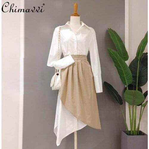New Fashion All-Matching Lapel Irregular White Shirt Dress High Waist Pleated khaki Apron Stitching Two-Piece Set for Women