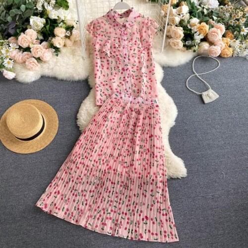 Summer Casual Flower Prints Chiffon Sets Women Holiday Style Ruffled Tank Top and Pleated Skirt One Set