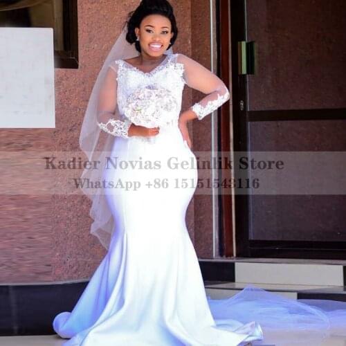 Long Sleeves White Mermaid African Wedding Dresses with Veil Sexy V Neckline Bridal Gowns Vestido De Novia