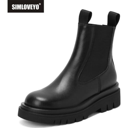 SIMLOVEYO Thick Plush Womans Chelsea Boots Anti Slip Snow Black Full Grain Leather 2021 Autumn Winter Ankle Boots Platform Shoe