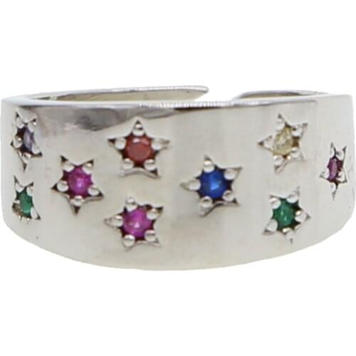 Dropshipping hip hop Women wide band rainbow colourful cz ring Engagement band mini star engraved fashion hiphop Rock jewelry