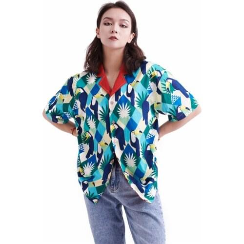 Blue Bird Hawaiian Shirts Anime Swimsuit Swimwear Cover Up Women HIp Hop Blouses Blusas Chemise Camisa Streetwear Cotton Tops
