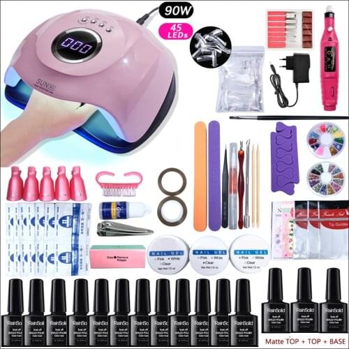 Manicure Set Nail Extensions Quick PolyGels Soak Off Gel Nail Polish Set 90W UV LED Lamp Dryer Nail Set nail drill machine Kit