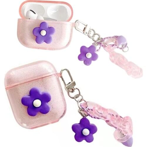Cute Purple Flower Chain Earphone Cases For Apple AirPods Pro 3 Candy Colorful Cover For Air Pods 1 2