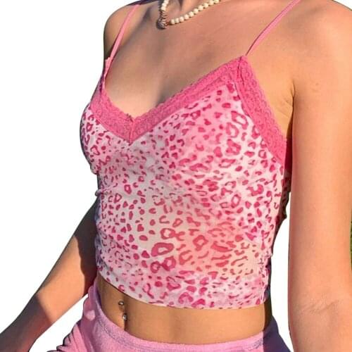 Fashion Women Leopard Lace Cami Vest V Neck Slim Fit Backless Crop tops Print Streetwear Club Clothes Female Sling Camisoles