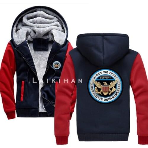 In God We Trust Support Our police Patchwork Fleece Mens Hoodie Winter Thick Sweatshirts Casual Hooded Jackets Zipper Coat