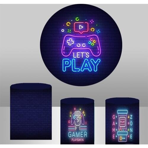 Neon Lights Playstation Backdrop Birthday Party Decoration Round Circle cylinder column covers Fabric Photocall Photoshoot 847