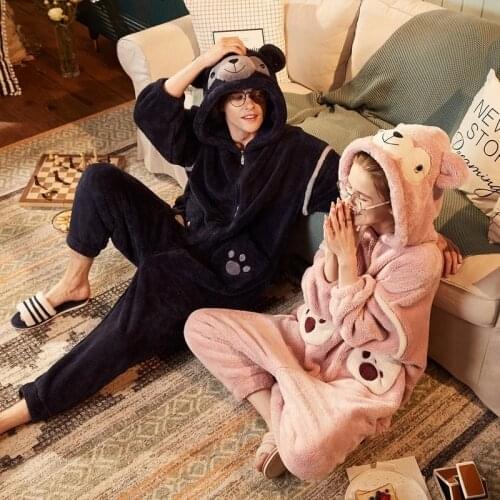 The new winter 2020 coral velvet warm one-piece couples pajamas with hooded cartoon can be worn outside the home clothing wholes