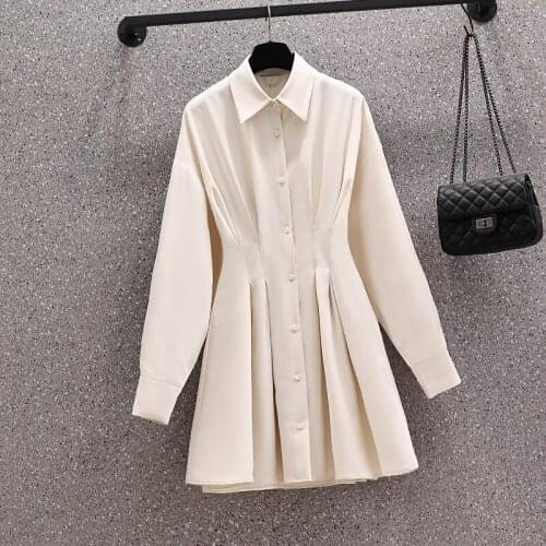Pleated Shirt Dress A-Line Single Breasted Casual Dresses Turn-Down Collar High Waist Solid Long Sleeve Mini Dress Autumn cloth